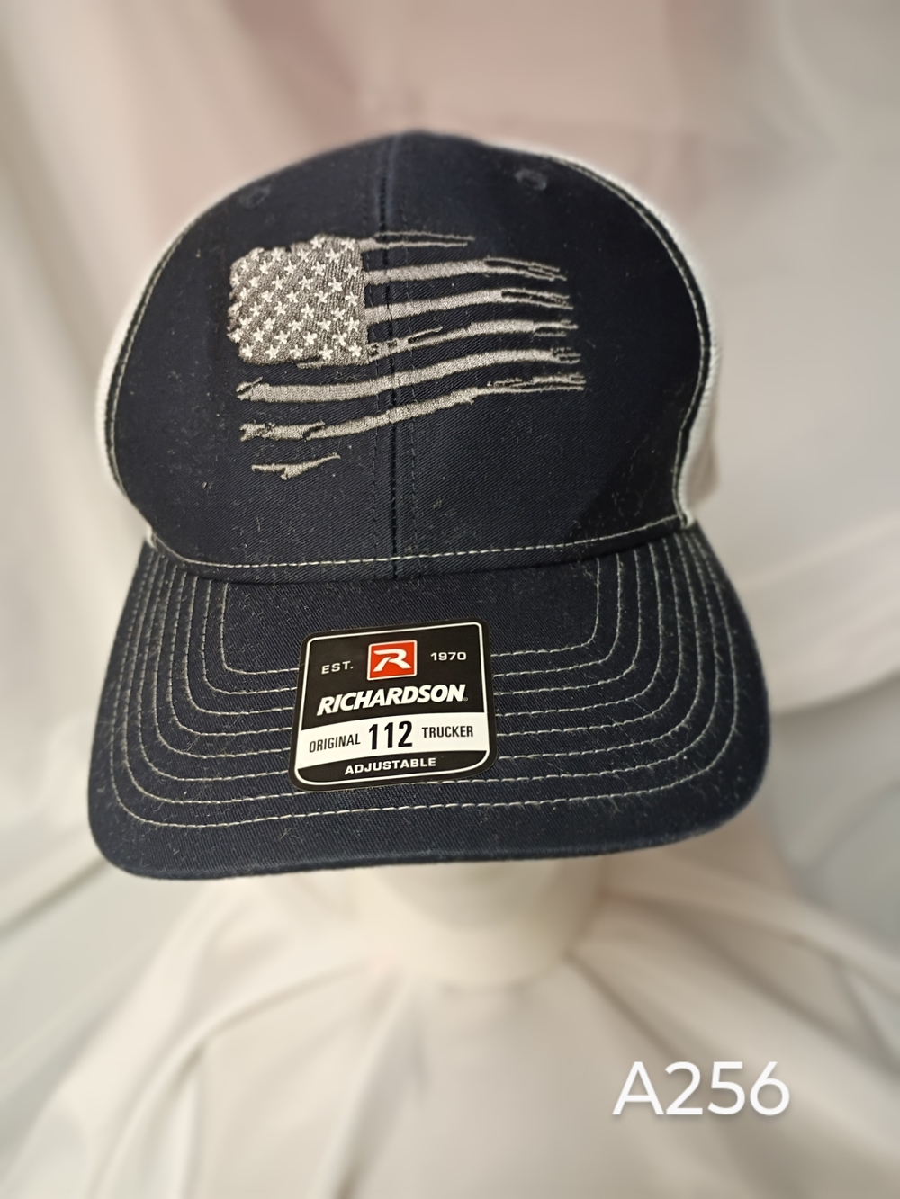 A256 Kicks For Gents Navy Trucker Hat with Distressed American Flag